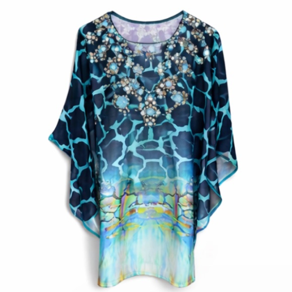 Women’s Blue Patterned Cover Up Mini Dress with Jewel Accent Sz S